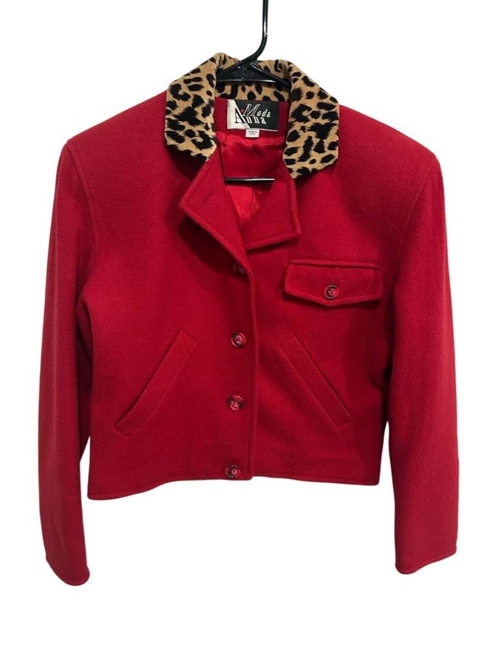 Moda Anna Red Leopard Collar Cropped Wool Tailored Jacket Made In USA Chic